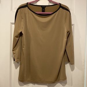 NWOT Ann Taylor Tan Blouse with Black Accents! Simply Classy Comfy Fit!